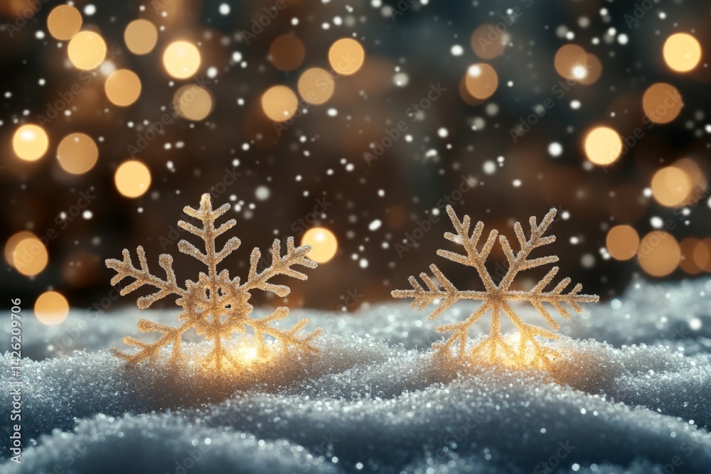 Poster delicate snowflakes resting on soft snow illuminated by warm lights during a winter evening