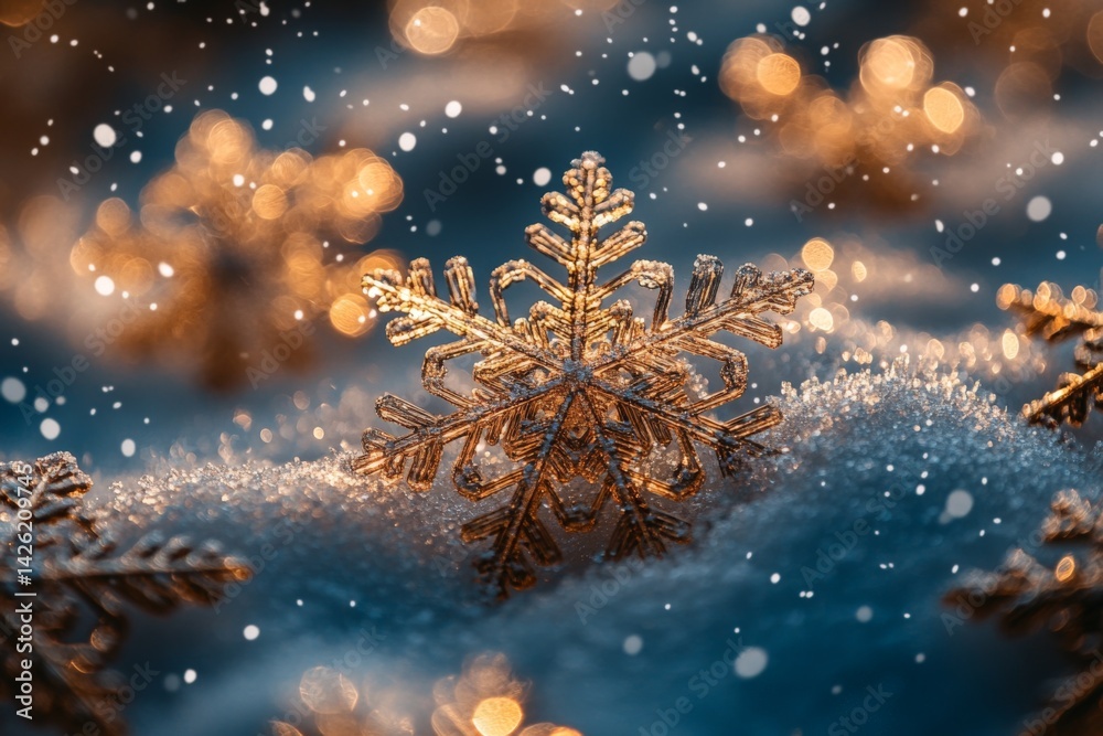 Aufkleber sparkling snowflakes resting on soft snow under a winter twilight sky with shimmering lights