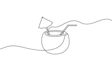 Obraz premium Continuous one single minimal line drawing coconut, Summer Coconut cocktail in one line with an umbrella and a straw. Minimalistic continuous editable stroke.