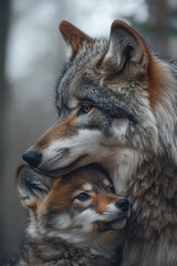 Fototapeta premium Mother wolf lovingly embraces her playful cub