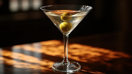 Elegant cocktail served in a classic martini glass with olives during a cozy evening setting