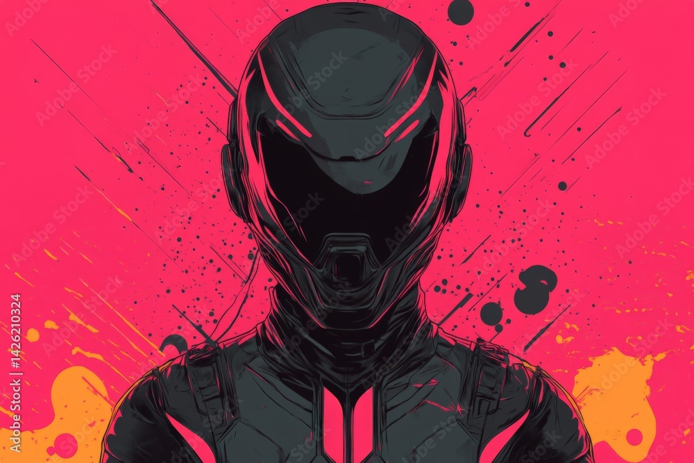 Poster futuristic character in sleek armor stands against vibrant pink splatter background conveying dynami