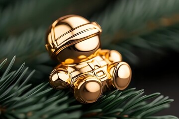 Golden astronaut figurine nestled on evergreen branches