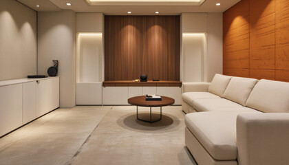 Modern interior design architecture photography: This interior photograph showcases a minimalist living room featuring warm wood accents, neutral tones, and recessed lighting highlighting a comforta