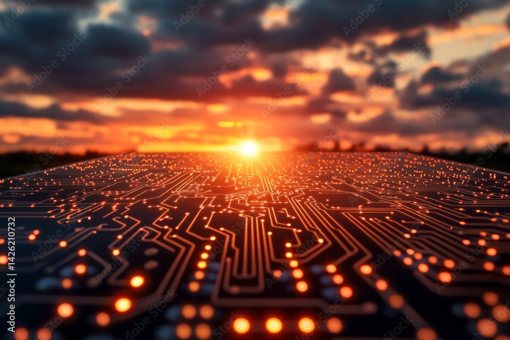 Aufkleber circuit board illuminated by sunset over a vibrant sky filled with clouds and colors at dusk in a fu