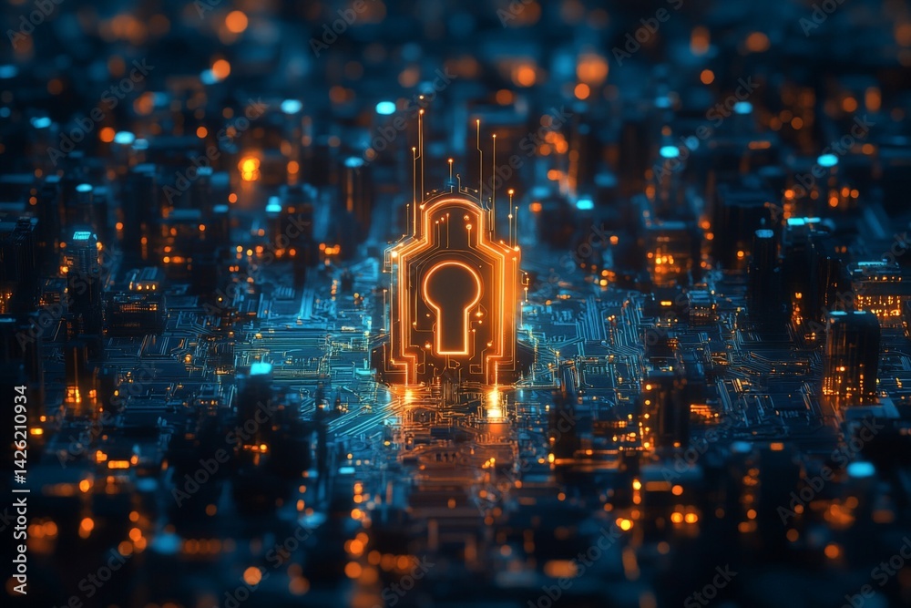 Poster digital lock symbolizing cybersecurity on a vibrant circuit board illuminated with orange and blue l