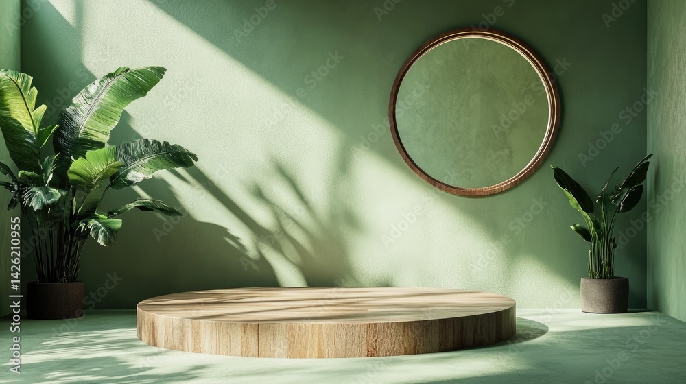 Poster a tranquil green room featuring a round window and a wooden podium, creating a natural, calming atmo
