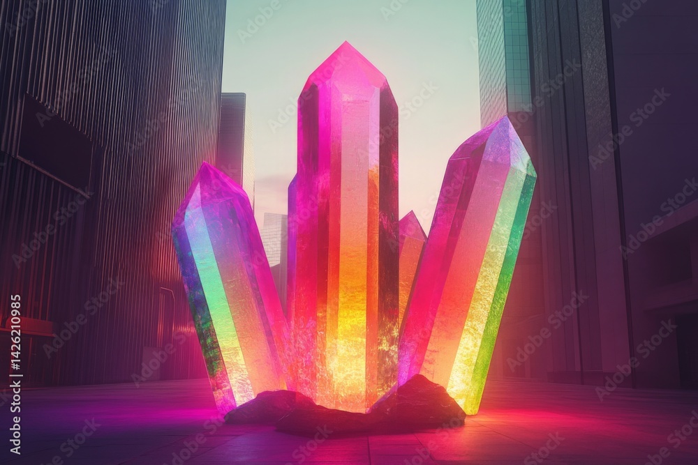 Poster colorful crystal sculptures illuminated at dawn in an urban setting with skyscrapers in the backgrou
