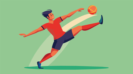 Fototapeta premium As the ball approaches a player launches themselves into the air twisting their body in multiple directions to perform a dazzling kick earning. Vector illustration