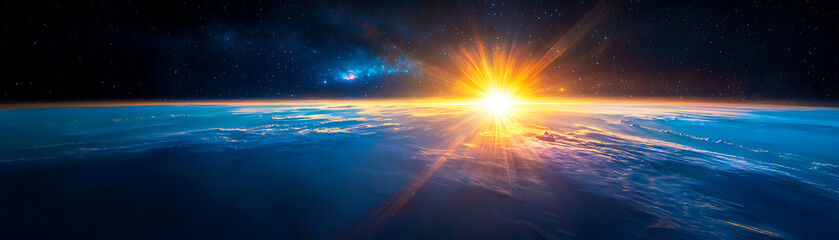Fototapeta premium Celestial sunrise event over earth space digital artwork cosmic environment aerial view inspirational concept