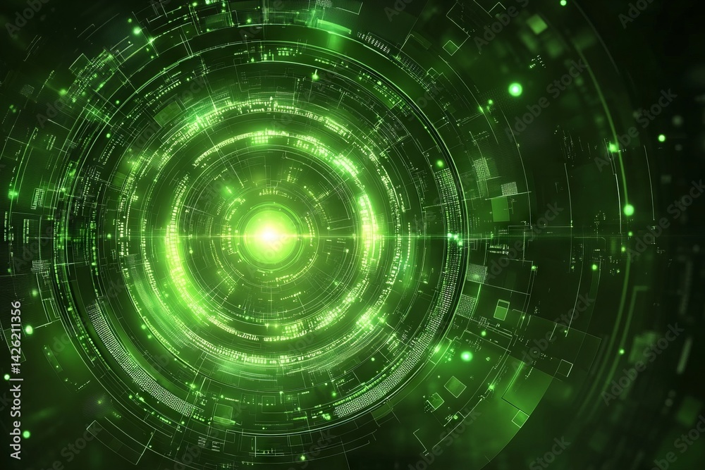 Poster Bright green circular abstract design with glowing elements reflecting futuristic technology and modern graphics