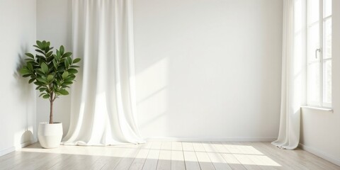 Serene Minimalist Room Interior Design with Sunlight Streaming Through Sheer Curtains and a Potted Plant