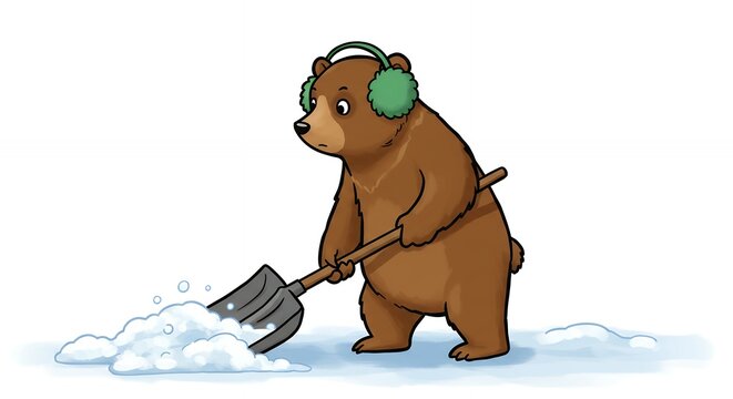 brown bear shoveling snow with earmuffs clip art preview