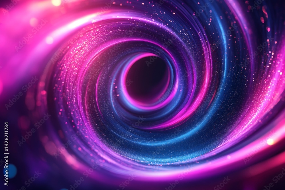 Poster swirling colors create a mesmerizing tunnel effect with vibrant hues of pink and blue in a cosmic se