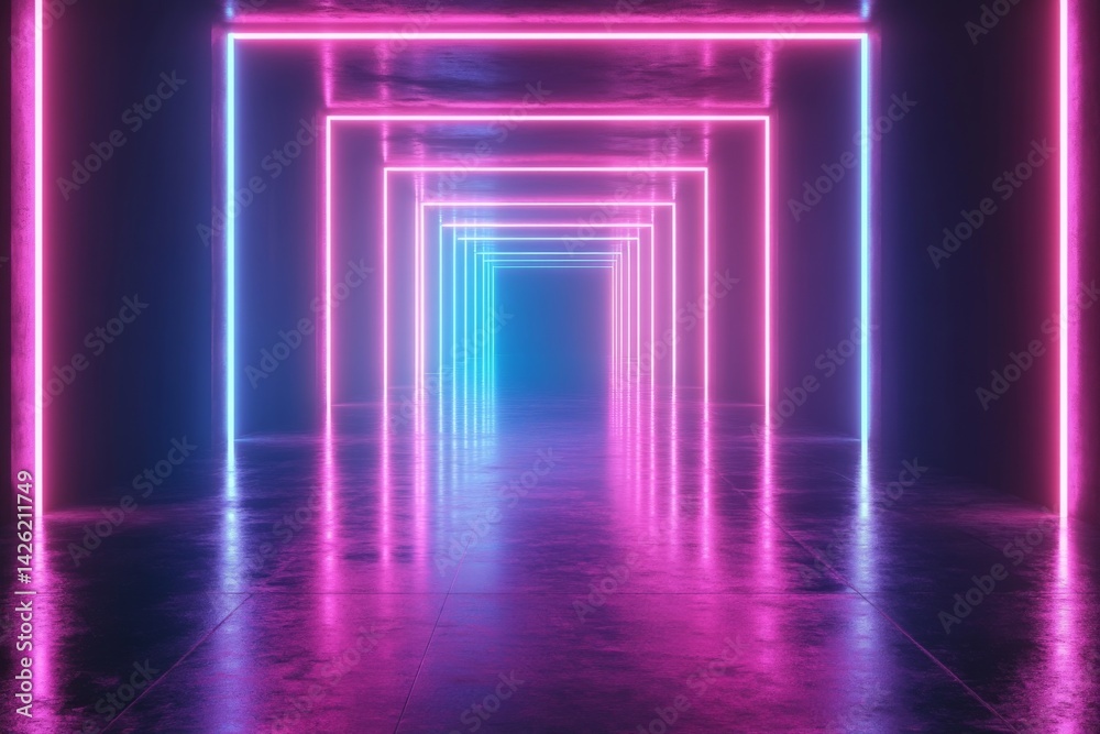 Poster vibrant neon lights create an immersive tunnel experience in a modern art installation during night 