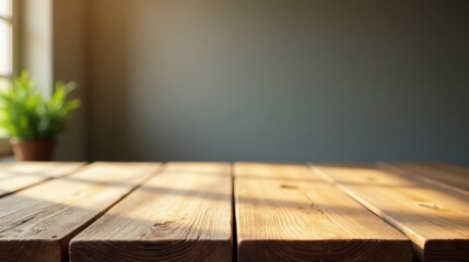 Warm Sunlight Illuminates a Rustic Wooden Tabletop Near a Window with a Blurred Potted Plant
