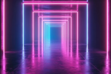 Fototapeta premium Vibrant neon lights create an immersive tunnel experience in a modern art installation during night hours
