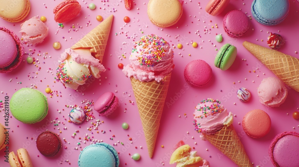 Poster a vibrant display of colorful ice cream cones with various toppings, including sprinkles and macaron