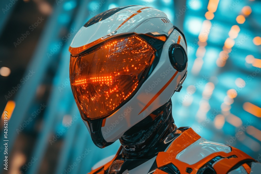 Poster futuristic robot with reflective visor and neon lighting in a modern urban environment