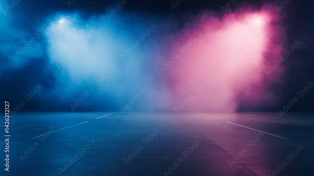 Poster wide-angle view captures a vacant stage with dynamic blue and pink spotlights intersecting, surround
