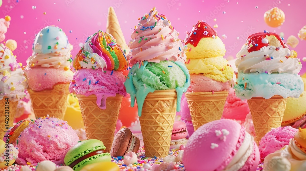 Poster a vibrant display of colorful ice cream cones with various toppings, including sprinkles and macaron