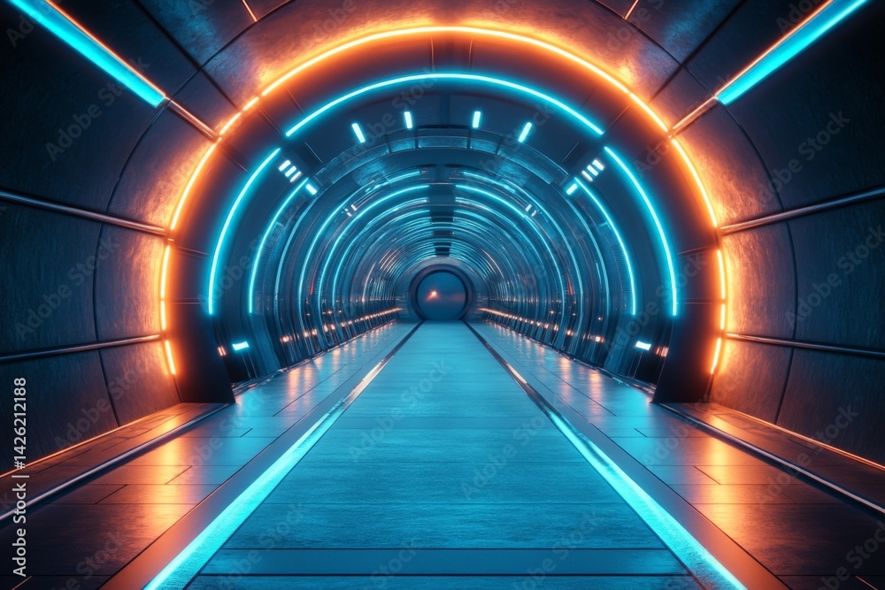 Poster Vibrant neon lights illuminate a futuristic tunnel, creating an immersive experience for exploration and creativity