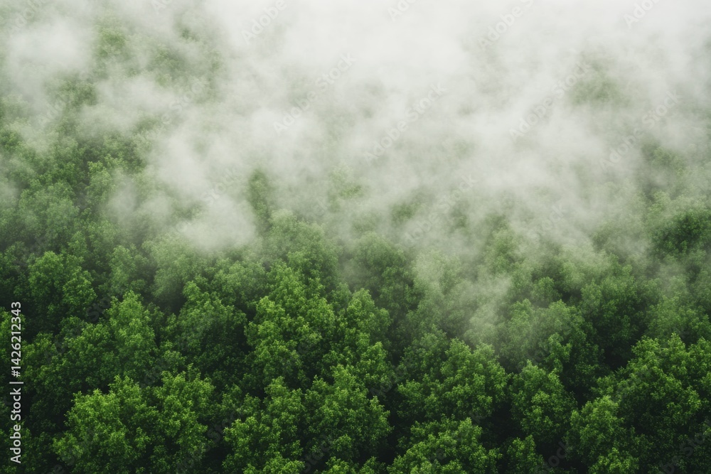 Poster lush greenery fills the view as mist gently caresses tall trees, creating a serene atmosphere that e