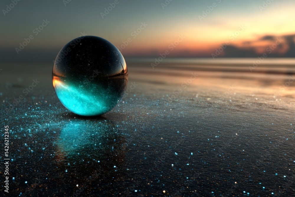 Poster reflective glass sphere resting on a beach at sunset with shimmering sand and calm water in the back