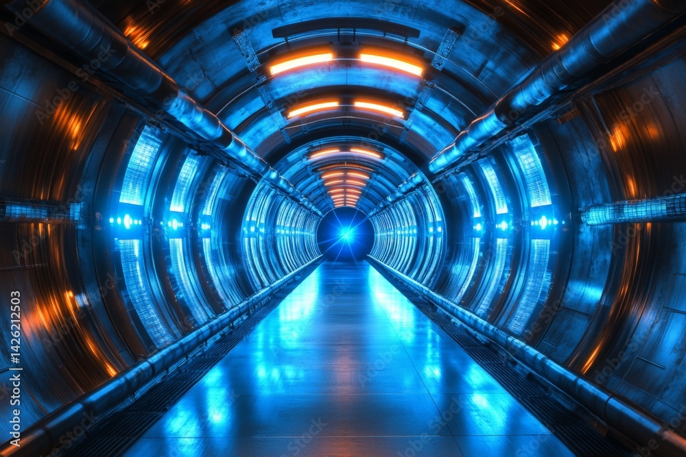 Aufkleber mysterious tunnel illuminated with blue and orange lights creates an otherworldly atmosphere in a fu