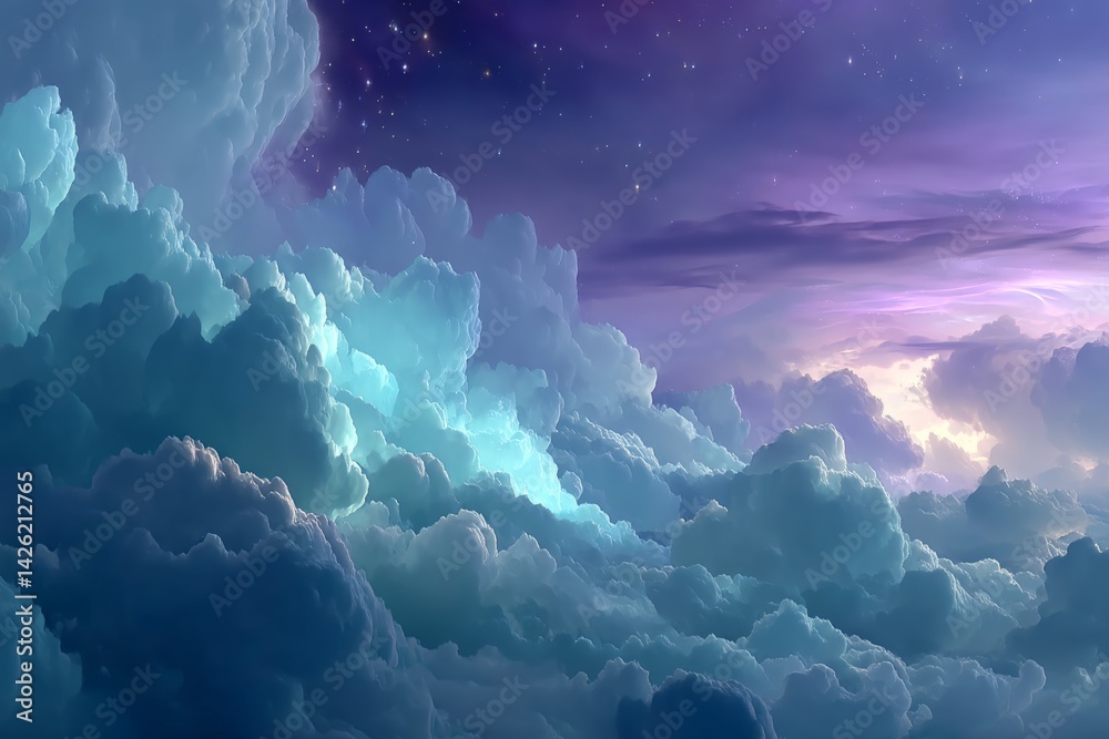 Poster vibrant clouds illuminated by twilight during a serene evening sky in a dreamlike atmosphere