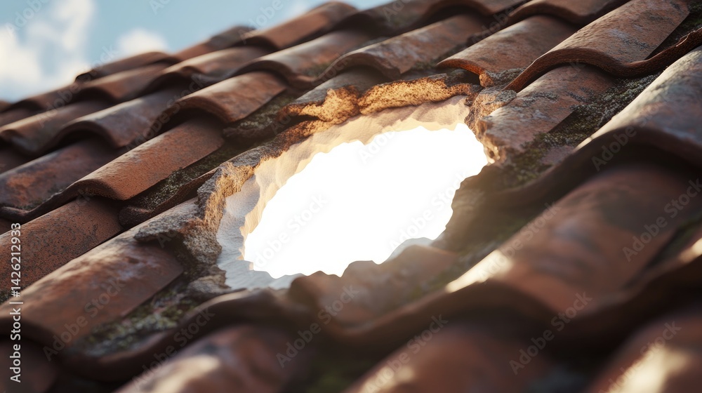 Poster a white hole in a ceramic roof tile emits bright light, creating jagged edges and adding a powerful 