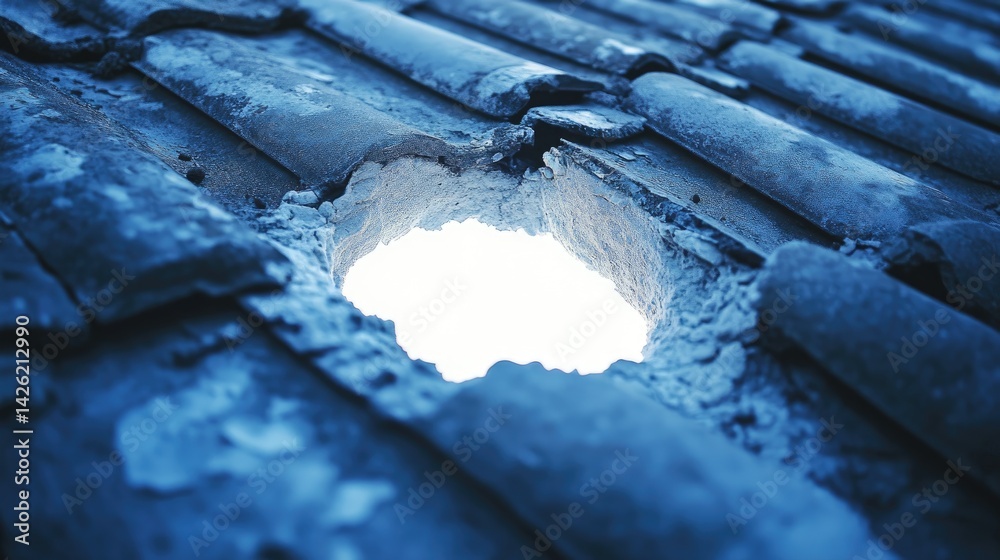 Poster a white hole in a ceramic roof tile emits bright light, creating jagged edges and adding a powerful 