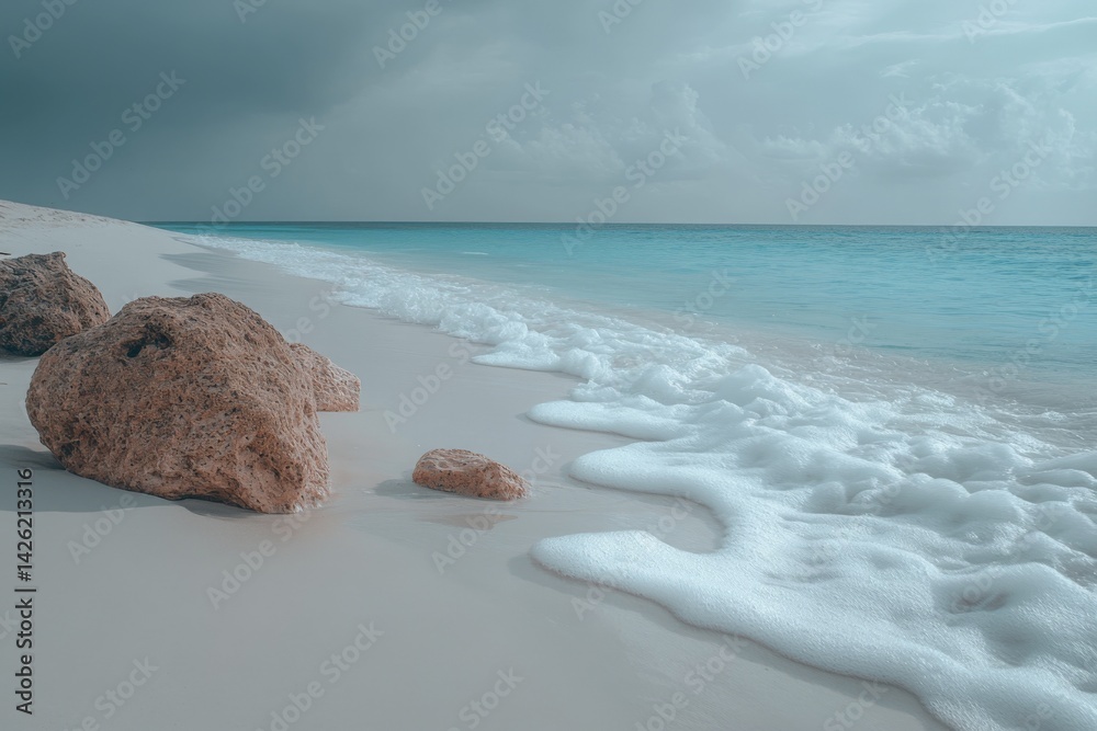 Poster calm shoreline with gentle waves and rocks under cloudy sky at tranquil beach location