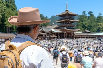 Tourist with backpack gazing at a large, crowded temple complex on a sunny day