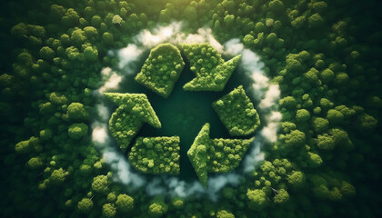 Recycling symbol on green forest background. Concept of environment and ecology
