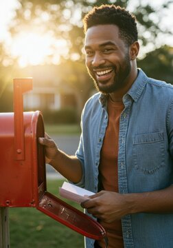 Man checking mailbox at sunset