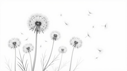 Delicate dandelions stand tall against soft white background, their seeds gently drifting away, creating serene and peaceful atmosphere