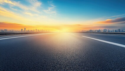 Fototapeta premium Asphalt road stretching into a city skyline at sunrise