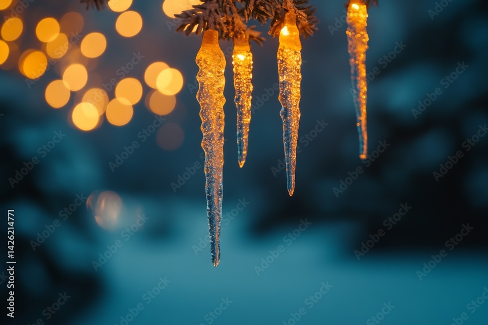 Poster icicles hang from a tree branch illuminated by warm lights during a winter evening in a snowy landsc