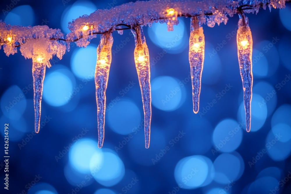 Poster icicles hang from a frozen wire illuminated by warm lights against a blue bokeh background in winter
