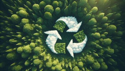 Recycling symbol on green forest background. Concept of environment and ecology
