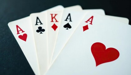 Fototapeta premium Four aces fanned out, showcasing their distinct suits , background, fan