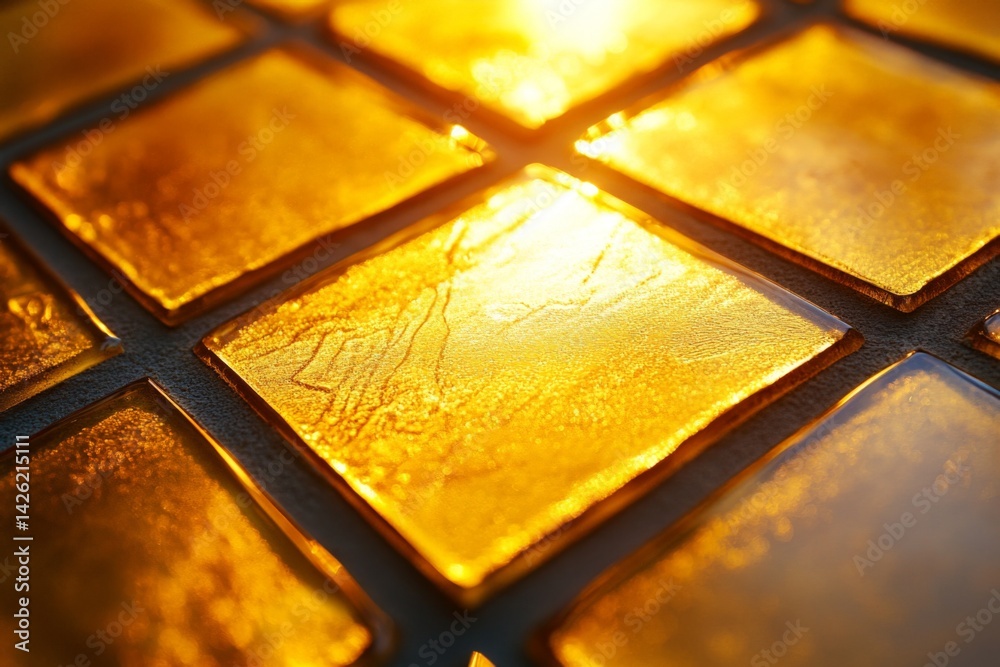 Poster golden glass tiles illuminated by warm sunlight create a stunning decorative display in a cozy indoo