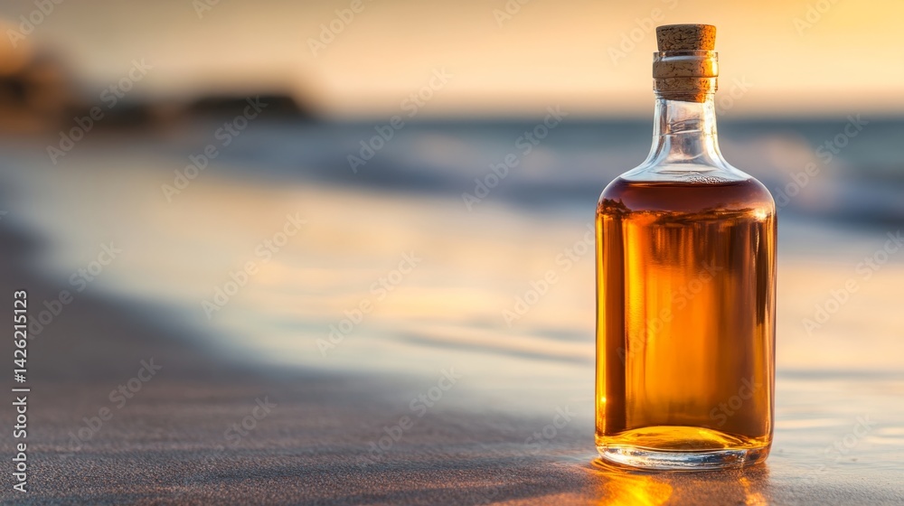 Poster A sandy shoreline with calm waves touches the glass bottle resting in the foreground, creating a tranquil scene that evokes memories of the past