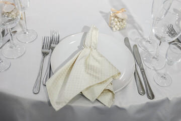 A detail of the wedding dinner setting. A beautiful napkin on a plate.