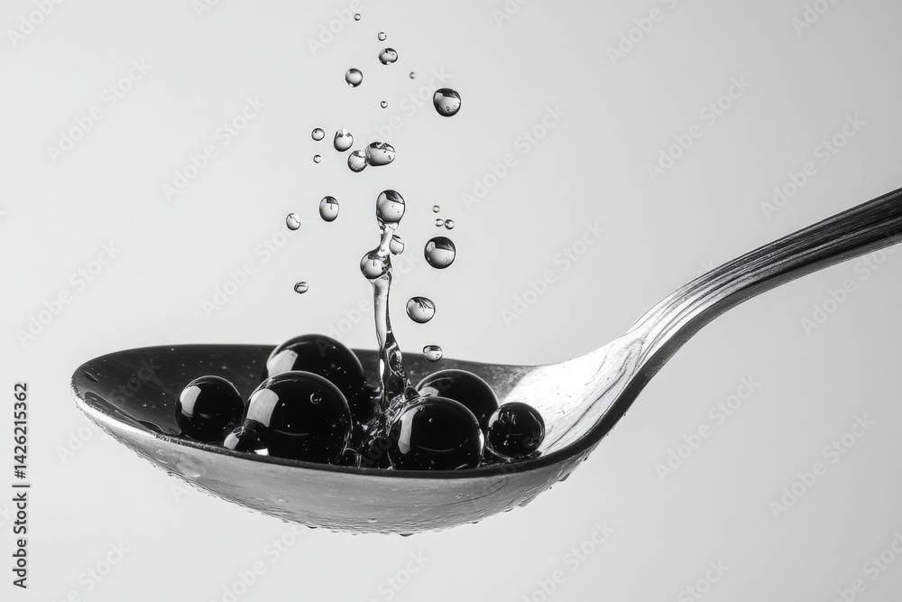 Poster Liquid droplets suspended above a shiny spoon create an intriguing visual effect in a minimalist setting