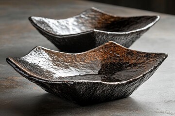 Fototapeta premium Unique handcrafted ceramic bowls showcasing texture and elegance on a dark surface in a contemporary setting