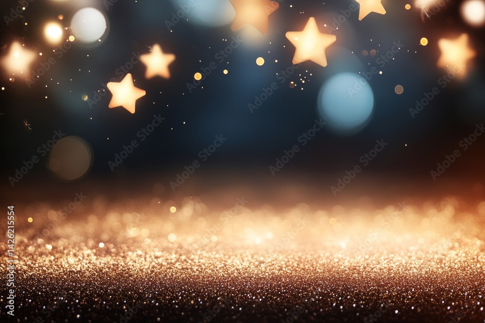 Poster an abstract composition features shimmering gold stars and glowing particles against a deep navy bac