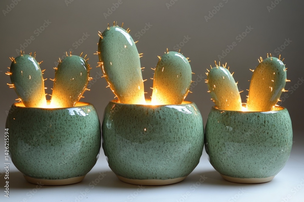 Poster Unique decorative cacti planters create a warm glow in a modern indoor setting