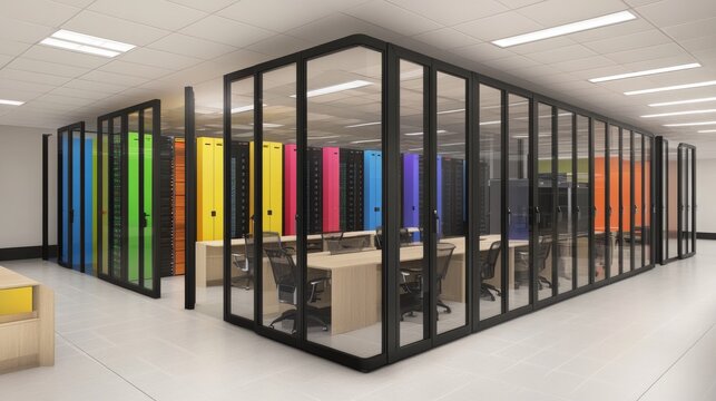 The data center, illustrated with server racks and sleek glass walls, boasts a high-tech ambiance with reflective floors, giving off a silken feel